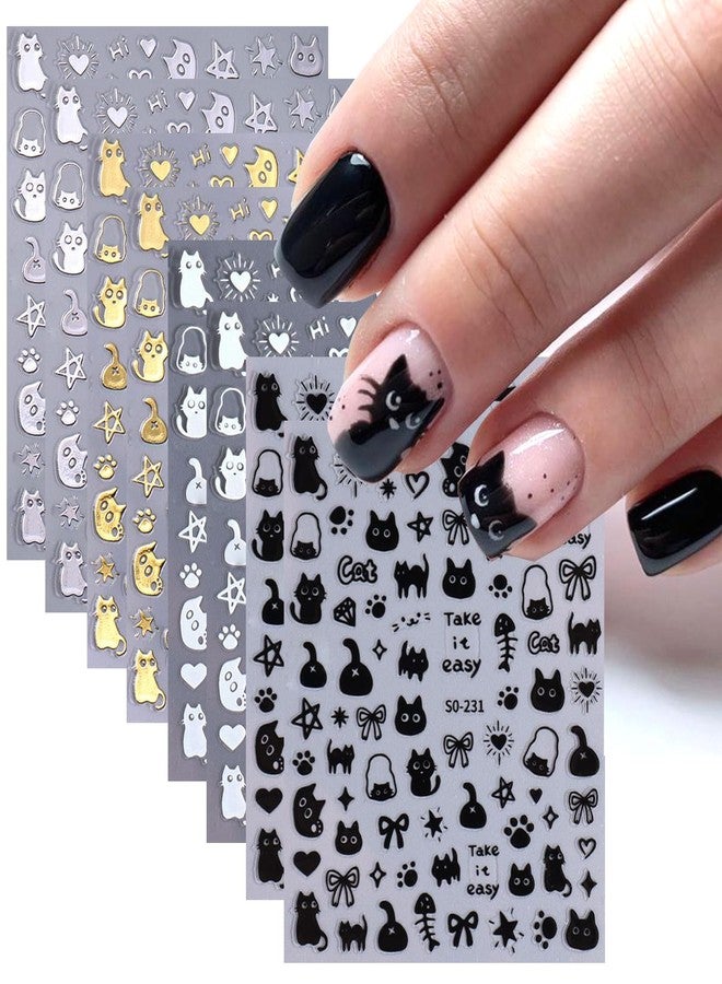 BSBTBZ Cat Nail Stickers - 8 Sheets Cute 3D Self Adhesive Gold Silver Black White Cat Design Decals for Kids, Girls, Women DIY Nail Decoration - Image 1